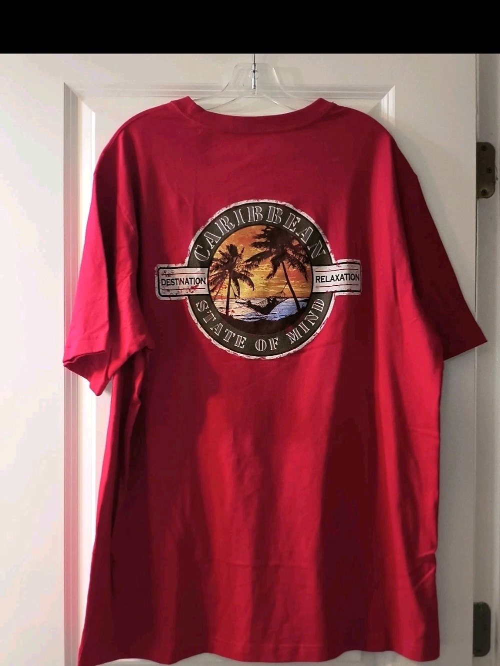 Caribbean Red Short-Sleeve Tee with Tropical Sunset Graphic